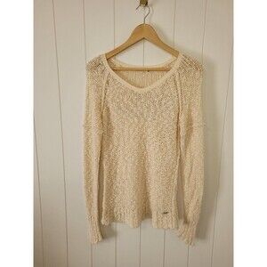 Harley Davidson Womens Open Knit Beige Sweater Long Sleeve Spell Out Back